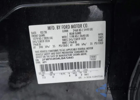 2020 Ford Edge Titanium z USA, uszkodzony, nr VIN 2FMPK4K94LBA72443